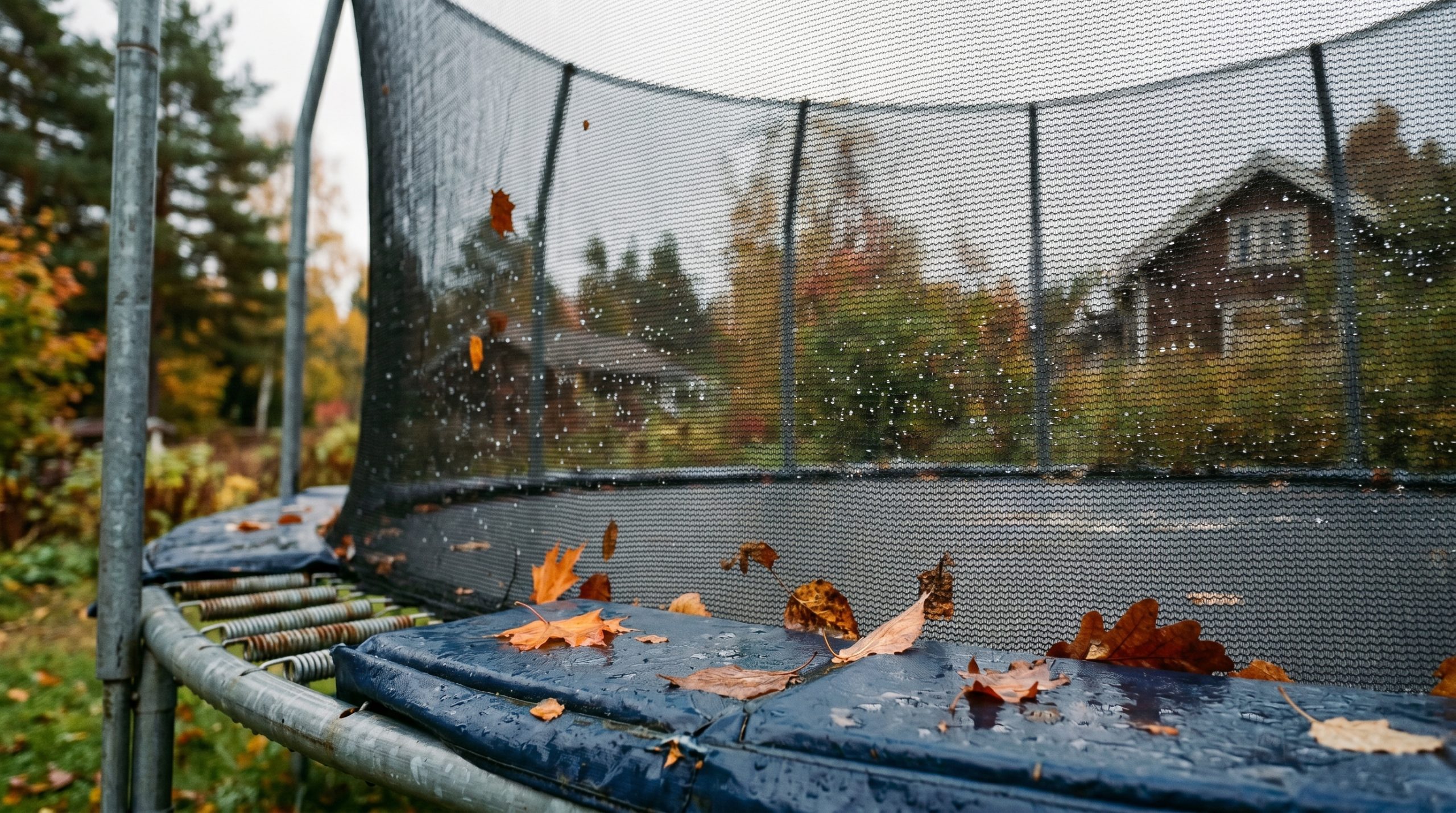 Närbild av en studsmattas blå kantskydd och svarta skyddsnät en fuktig höstmorgon. Kantskyddet är täckt av fallna, bruna höstlöv och nätet är fullt av små vattendroppar. I den oskarpa bakgrunden syns höstfärgade träd och ett trähus i skandinavisk stil.