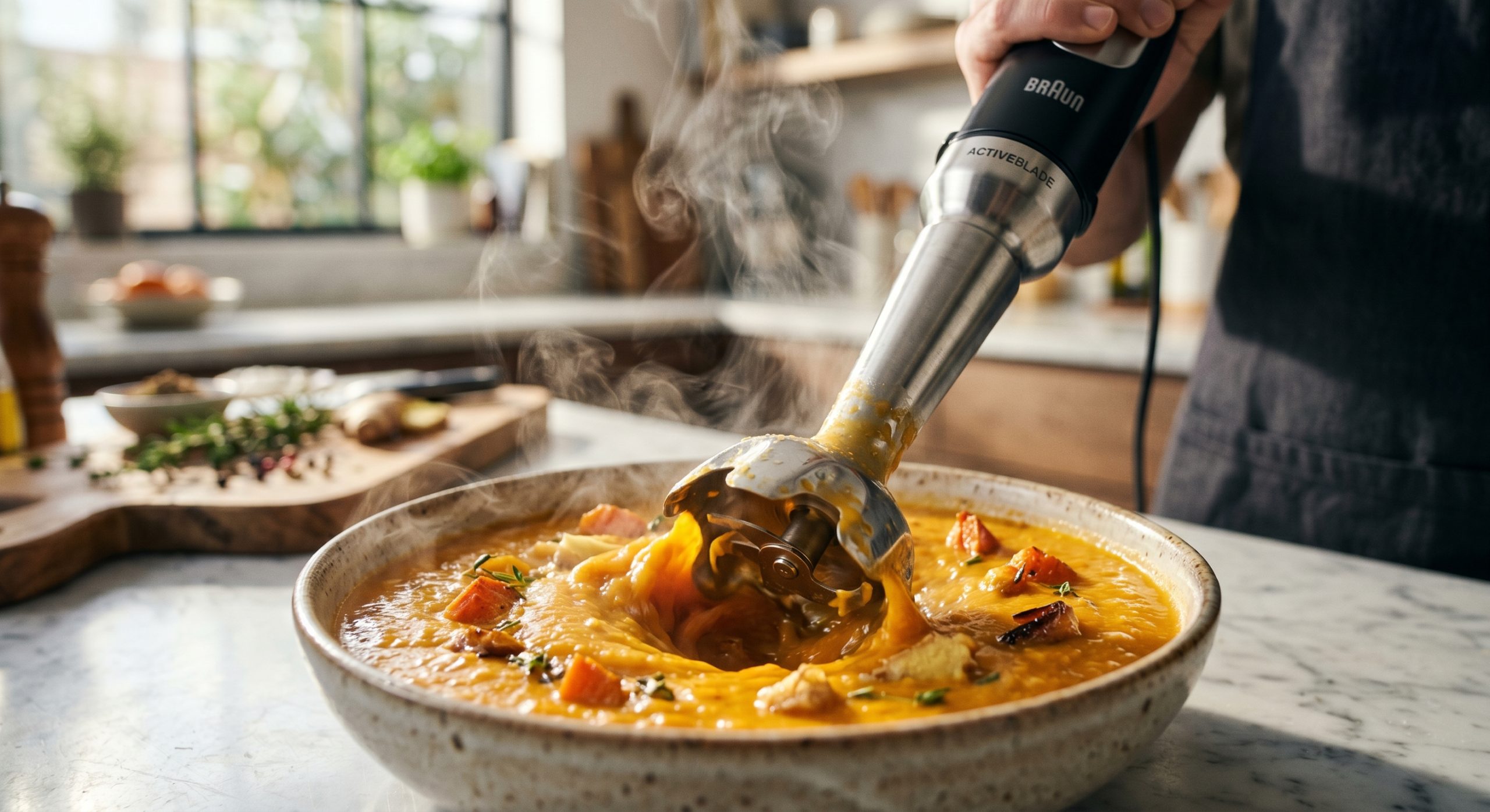 En detaljerad närbild av en stavmixer i svart och borstat stål som mixar en tjock, intensivt orange pumpasoppa. Mixerns blad skapar en kraftfull virvel som drar in bitar av rostade morötter. Varm ånga stiger upp från skålen som står på en bänkskiva i marmor, med ett ljust och soligt modernt kök i bakgrunden
