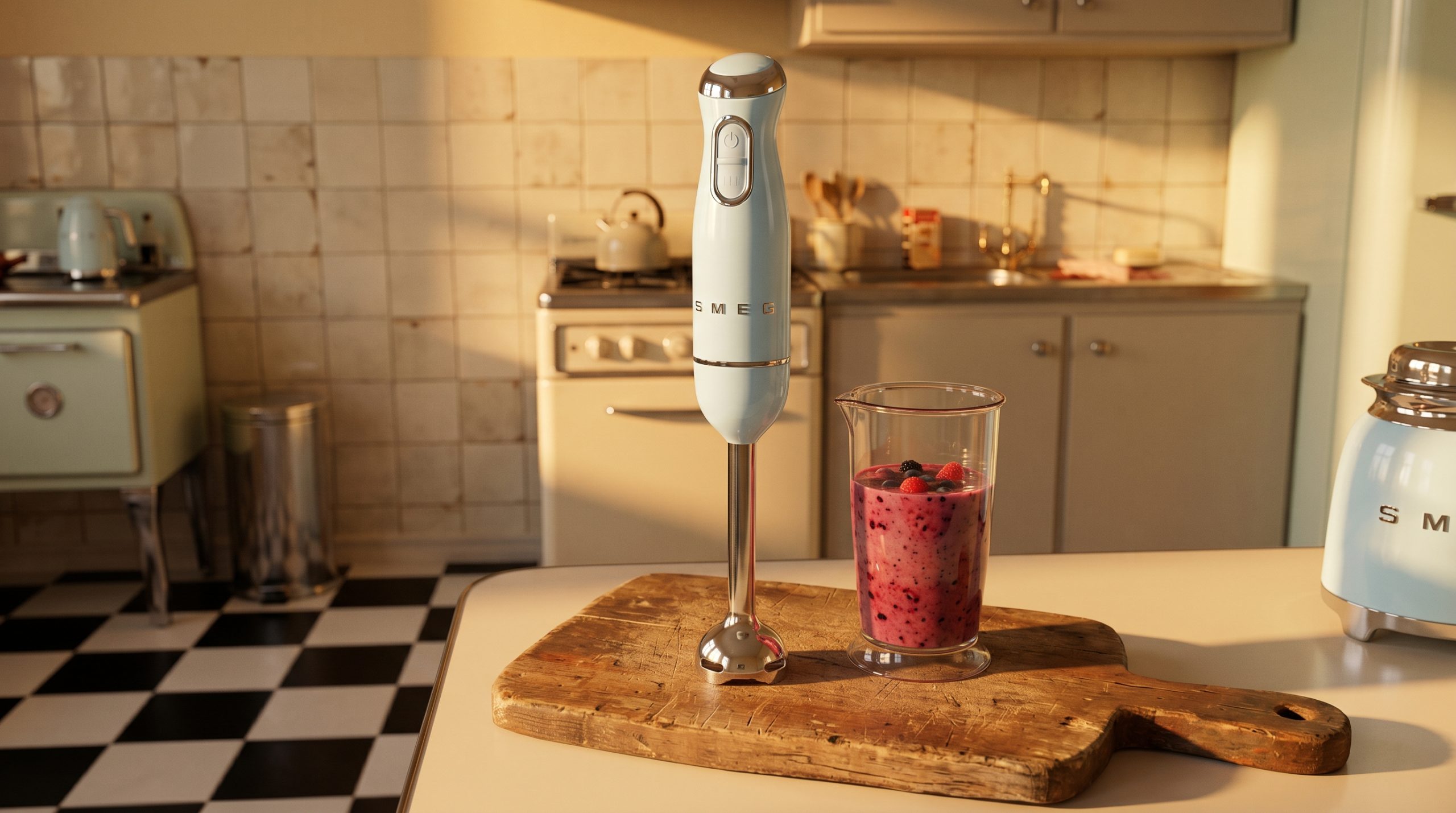 En pastellblå Smeg-stavmixer står på en rustik träskärbräda bredvid en glasbägare fylld med en färgglad bärsmoothie. I bakgrunden syns ett retrokök i 1950-talsstil med svartvitt rutigt golv, vintagekakel och ljusa köksskåp. Varmt solljus från den gyllene timmen lyser upp motivet och skapar långa, mjuka skuggor