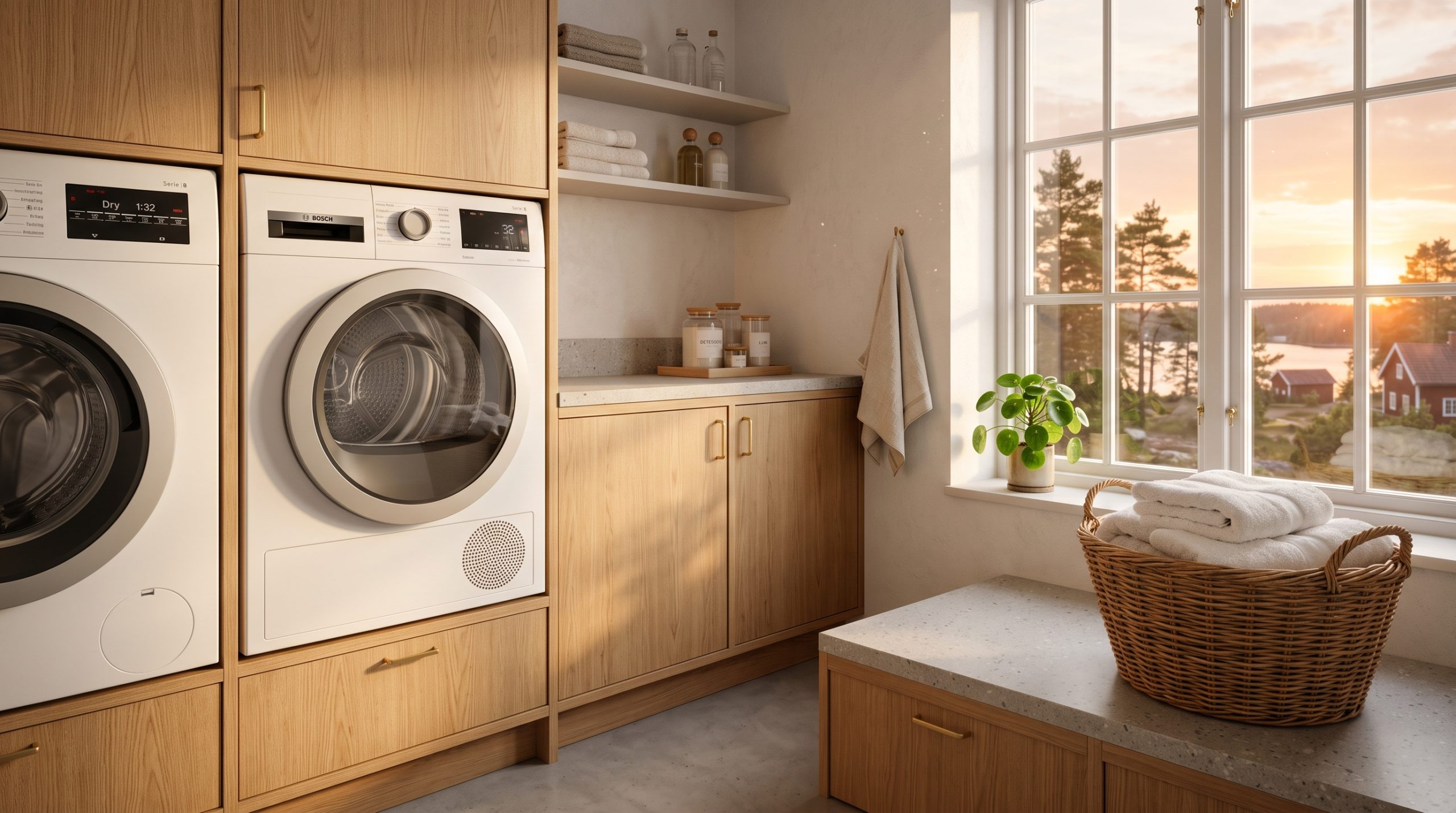 En stilren Bosch Serie 8 torktumlare inbyggd i ljusa ekskåp i en minimalistisk tvättstuga. Varmt solljus strömmar in genom fönstret och belyser en flätad korg med vita handdukar på en stenbänkskiva