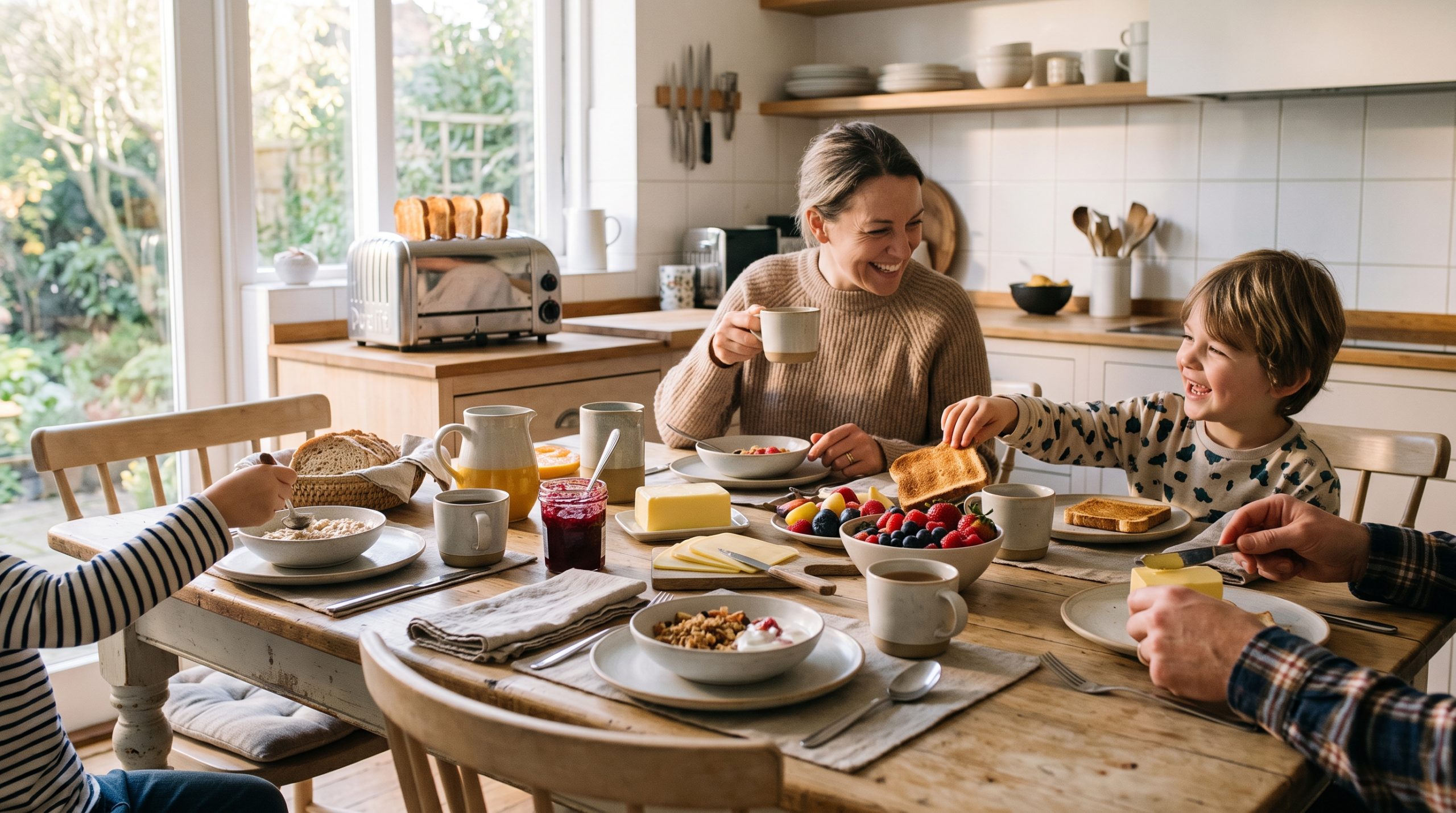 En mysig familjefrukost i ett ljust, nordiskt kök. En mamma och hennes lilla barn sitter glada vid ett rustikt träbord uppdukat med gröt, rostat bröd, sylt, smör, ostskivor och färska bär. Armarna från två andra familjemedlemmar syns också runt bordet. I bakgrunden står en brödrost med fyra brödskivor på köksbänken bredvid ett stort fönster med utsikt mot en trädgård