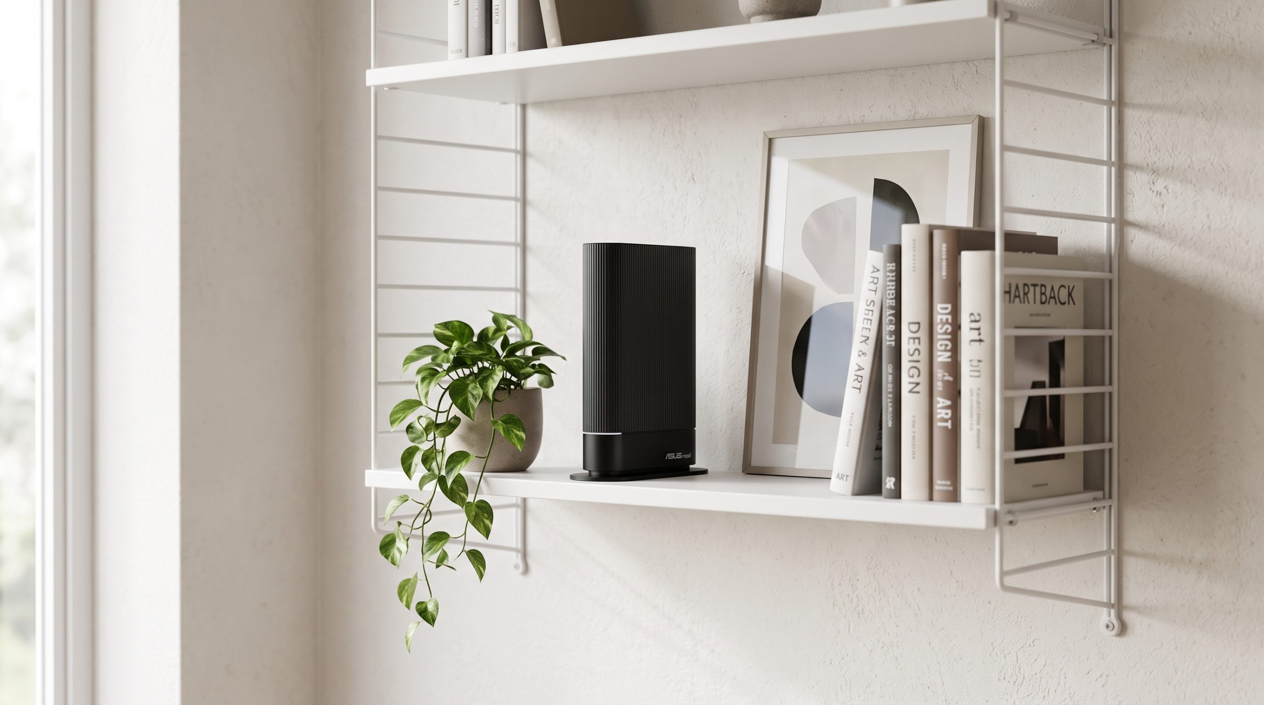 En svart, minimalistisk router står på en vit vägghylla och smälter in som en modern inredningsdetalj. Den är placerad mellan en grön hängande krukväxt, en inramad abstrakt konsttavla och en rad inbundna böcker i mjukt dagsljus