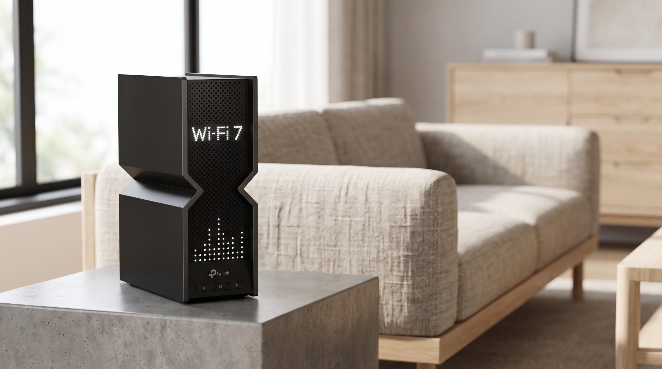 En svart TP-Link Archer BE800-router placerad på ett sidobord av betong. Routerns framsida har en futuristisk LED-display som visar texten 'Wi-Fi 7' och ett grafiskt mönster. I den oskarpa bakgrunden syns ett ljust, modernt skandinaviskt vardagsrum med en beige linnesoffa