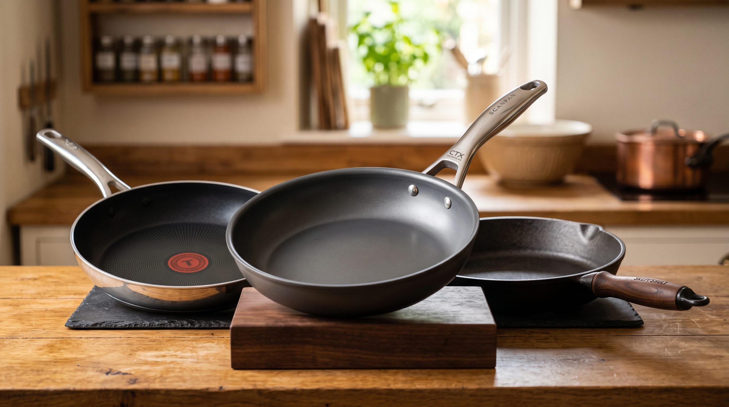 En elegant gruppbild av tre stekpannor uppställda på en köksbänk i trä. I förgrunden, upphöjd på ett träblock, står testvinnaren Scanpan CTX. Snett bakom den till vänster står budgetvalet Tefal Jamie Oliver, där den röda Thermo-Signal-pricken syns tydligt i botten. Till höger står det traditionella valet, en mörk gjutjärnspanna från Skeppshult med handtag i valnötsträ. Pannorna ser rena och robusta ut, med ett mjukt suddigt, hemtrevligt kök i bakgrunden.